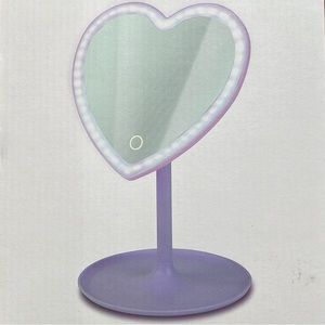 NIB Wireless LED Mirror Purple Heart Shaped Makeup Mirror w/ Touch Light & Tray